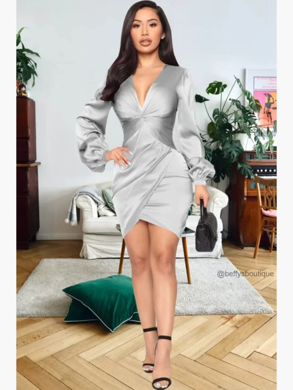 Twist Front Bodycon Midi Dress Long Sleeve Ruched Party Dress - Picture 6 of 7